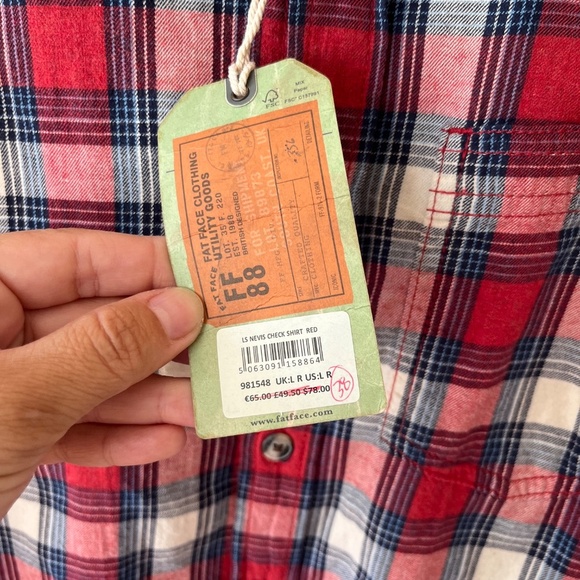 Fat Face Sz L Red Blue Plaid Long Sleeve Pockets Cotton Shirt Top Button Down - Picture 6 of 7